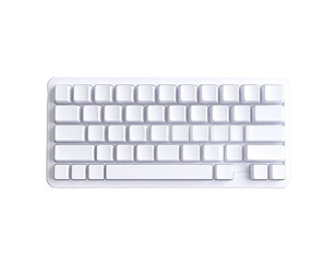 Overhead, white, minimalist keyboard. Keycaps detailed. Black background