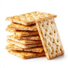 Stack of golden-brown crackers.  Stacked rectangular crackers, light-tan, with a slightly textured surface and visible perforations.  Isolated against a white background