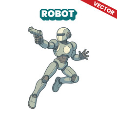 Modern and futuristic robot jumping vector illustration carrying a modern and futuristic gun