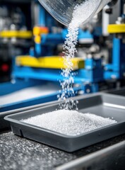 Close-up of white plastic pellets being poured into a container in an industrial manufacturing facility