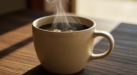 Fototapeta premium Steaming coffee cup on wooden surface