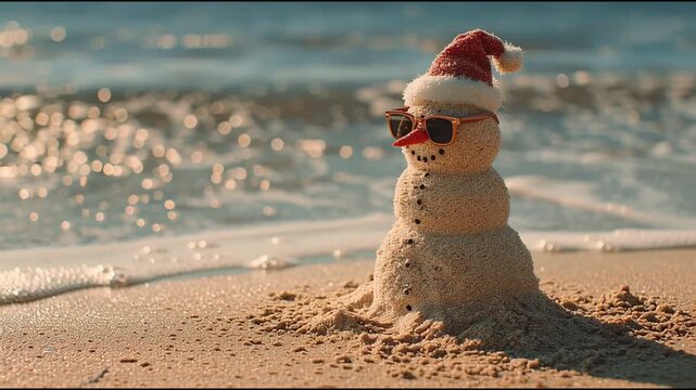 Sand snowman with santa hat and sunglasses melting on beach shoreline in warm sunset light. Ironic seasonal contrast concept
