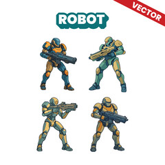 Fototapeta premium Group of modern and futuristic robot running vector illustration carrying a large modern weapon