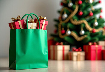 Green pack with gifts near the New Year tree. Celebration concept, text space