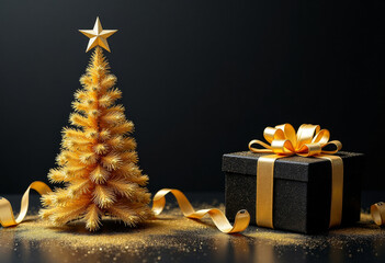 Luxurious Golden Christmas Tree and Gift Box on Dark Background. Celebration concept