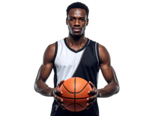 Isolated male basketball player in black and white uniform holding the ball, professional sports portrait, isolated on transparent background, PNG