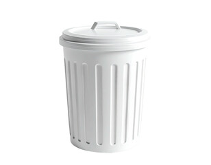 Isolated, rendered white waste receptacle with lid and vertical lines