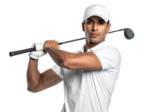 Front view of a golfer in ready-to-swing pose, professional sports action, isolated on transparent background, PNG - Powered by Adobe