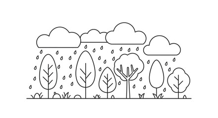 Simple line drawing depicting rain falling over a forest landscape