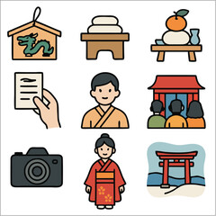 Fototapeta premium Gantan Sai Flat Icon Set, Japanese New Year Shinto Celebration Vector Pack