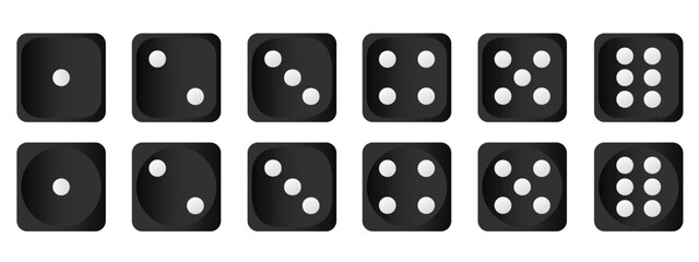 Vector set of white and black dice icons, close-up. Gambling dice. Concept for casinos and other games. Element for your design.