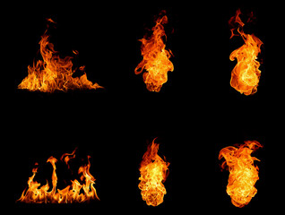 Set of realistic fire flames isolated on black background, perfect for design, energy, or danger...