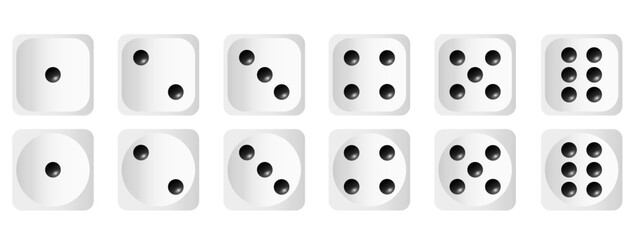Vector set of white and black dice icons, close-up. Gambling dice. Concept for casinos and other games. Element for your design.