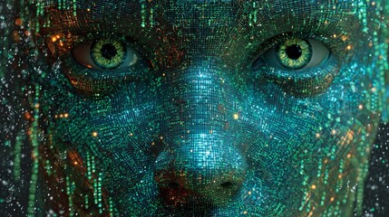 Digital Facade: Intricate Circuitry Forms the Face of an AI Being with Green Eyes