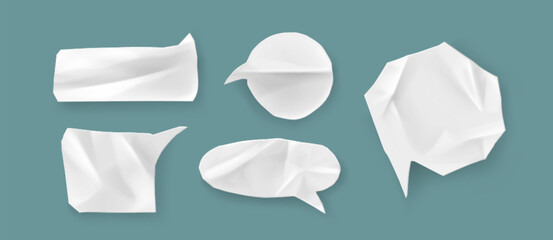 Vintage crumpled paper speech bubbles with folded corners and textured surface for messaging or communication design. White dialogue balloons with wrinkled effect. Retro chat elements for social media