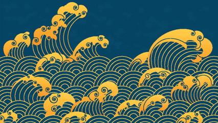 Japanese Asia wave patterns with golden line curves and spiral motifs on blue ocean background for oriental designs. Traditional foam swirls with layered scales. Cultural artwork for prints.