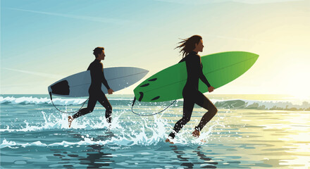 Surfers Running on the Beach with Surfboards at Sunset