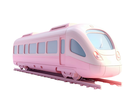 A pastel pink high-speed train on tracks, isolated on a transparent background