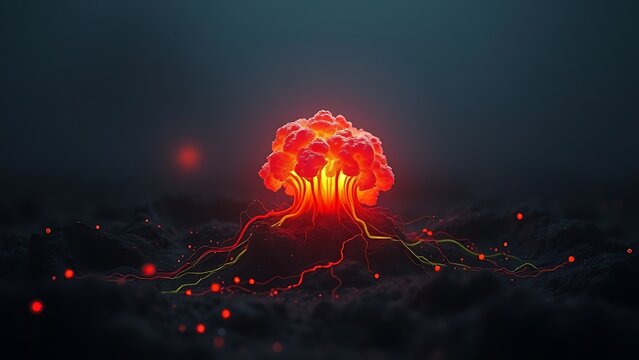 A glowing malignant growth being starved of its vibrant nutrient streams on a dark field.