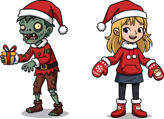 Funny zombie holding Christmas gift standing beside smiling girl in Santa hat and mittens, cute festive cartoon illustration for holiday design.