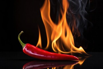Vivid Red Chili Pepper with Intense Flames and Smoke Against Dark Background