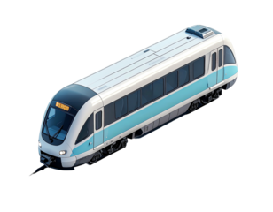 A modern commuter train with light blue accents, isolated on a black background