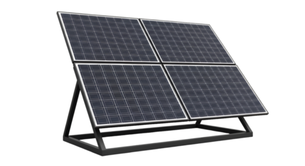 Four Solar Panels on a Metal Frame Against Black Background