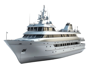 Luxurious white yacht with multiple decks, antennas, and reflective surfaces, isolated