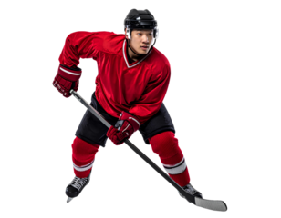 Professional ice hockey player wearing a red jersey, full body visible in action pose, isolated on transparent background, PNG