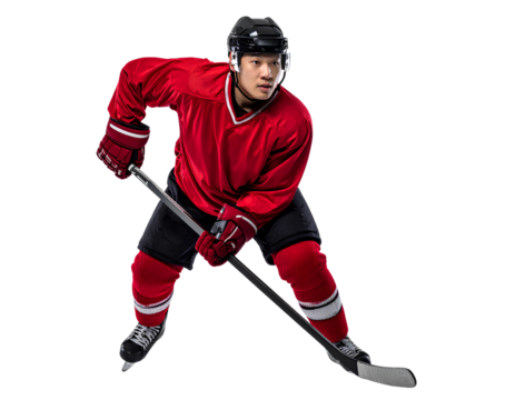 Professional ice hockey player wearing a red jersey, full body visible in action pose, isolated on transparent background, PNG