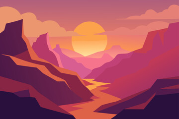 Illustration of canyon landscape with sunset scenery