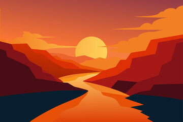 Sunset over river with mountains in orange shades