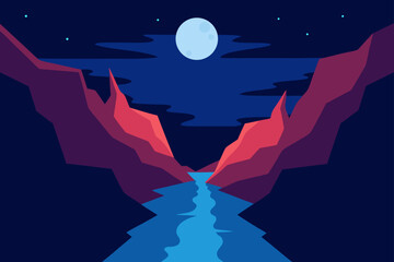 Illustration of canyon river at night with moon view