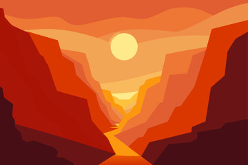 Illustration of a canyon with sun and river view