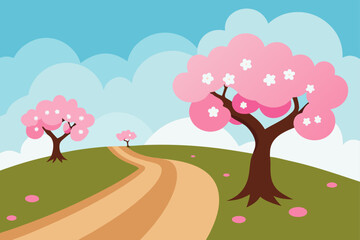 Cherry blossom trees on a hill with winding path