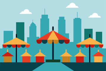 Cityscape with umbrellas and small house structures