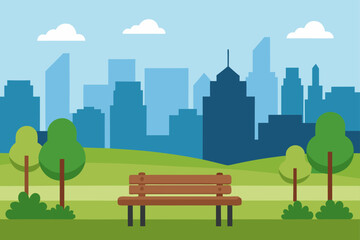 Park bench with city skyline and clouds background