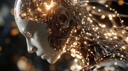 Futuristic Female Robot Head Illuminated with Sparkling Lights, a Glimpse into Artificial Intelligence
