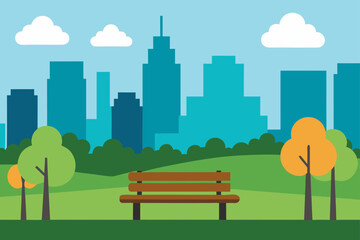 Park scene with bench trees and city skyline view