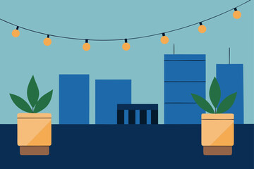 Two potted plants and city skyline with string lights