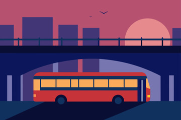 Red bus under bridge with buildings in background