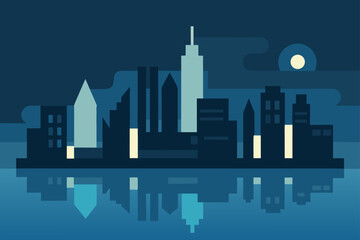 Cityscape silhouette reflecting on the water body