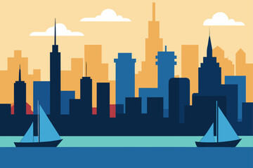 Cityscape with sailboats and clouds at sunset time