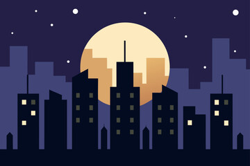 City skyline silhouette with moon and stars at night