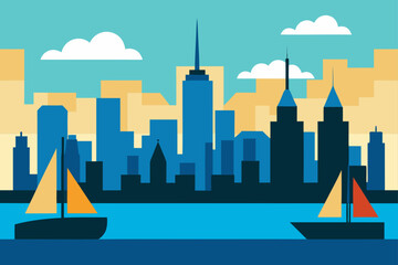 Stylized cityscape with sailboats and cloudy sky