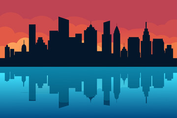 City skyline silhouette reflected on the water body