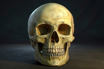 Frontal View Human Skull Study: Detailed Anatomical Model with Textured Bone and Open Jaw on Dark Backdrop