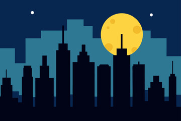 Night cityscape with full moon and building skyline