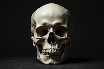 Fototapeta premium Detailed Front View of a Human Skull with Teeth on a Dark Textured Background