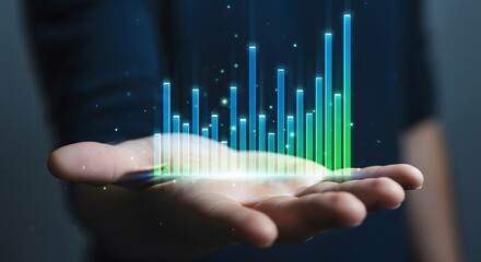 Man holding holographic business graph. Marketing strategy and financial growth concept for future success